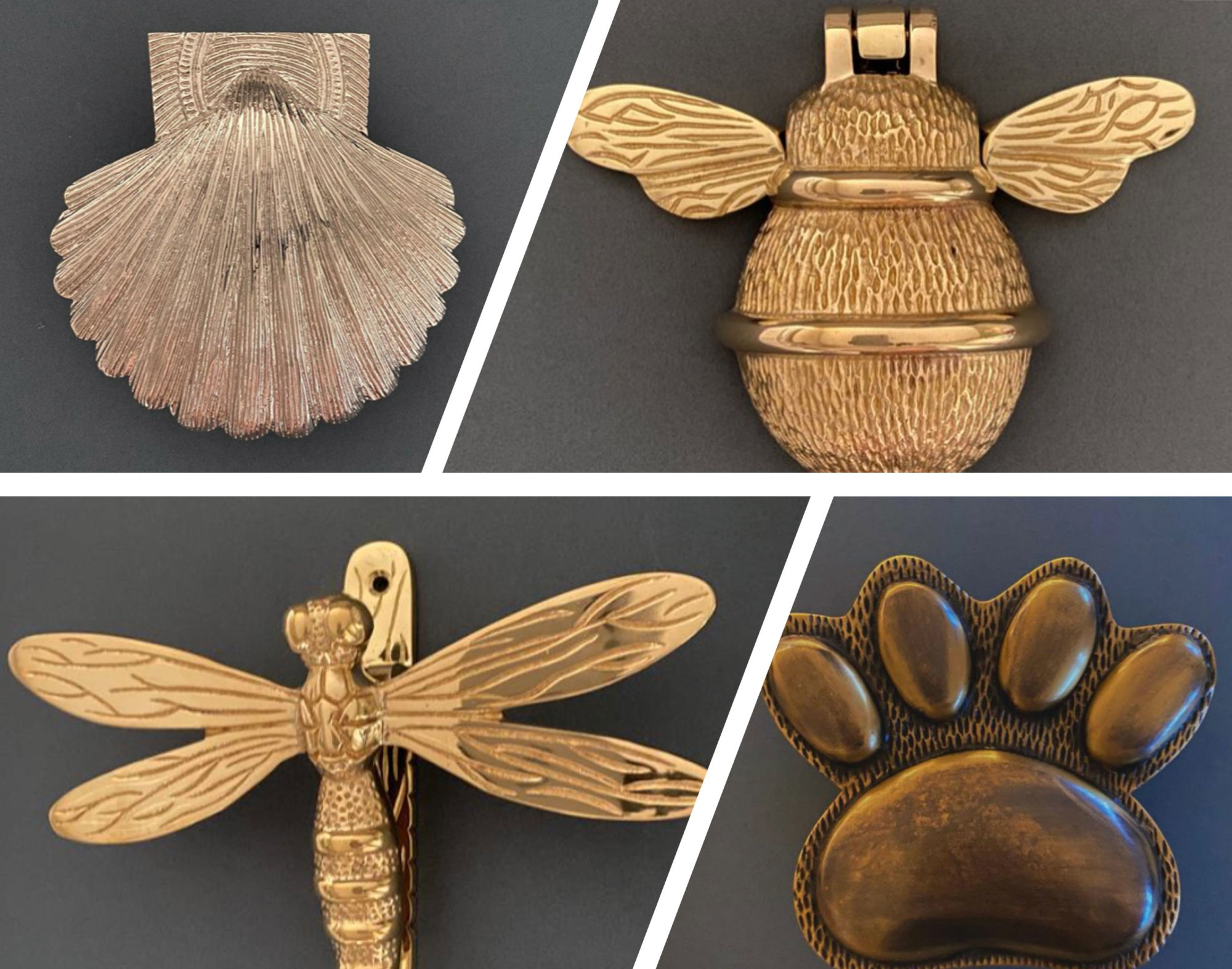 Bee, paw and dragonfly shaped door knockers from Brass Bee