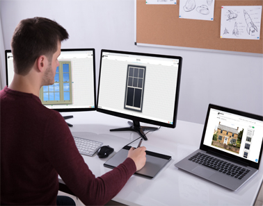 Man sitting at desk in front of two screens and a laptopshowing Framepoint LIVE software