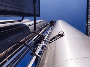 A worm's-eye vew of towers at Liniar's mixing plant