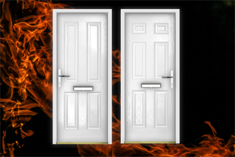 2 fire doors wrapped in flames